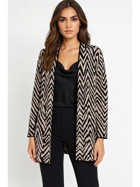 Jones Studio Beige and Black Chevron Knit Open Cardigan Cotton Blend